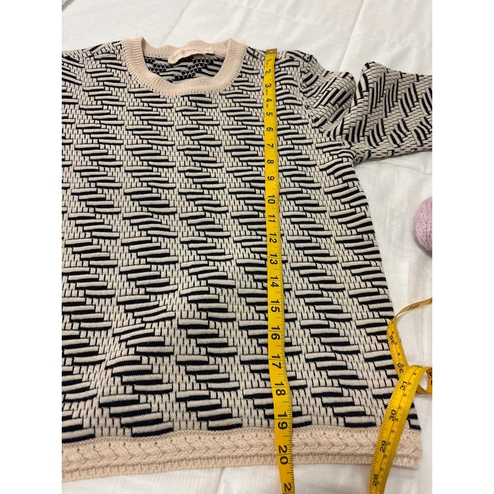 Tory Burch Wool Blend Jacquard Navy Cream Braided Trim Sweater SZ XS Preppy